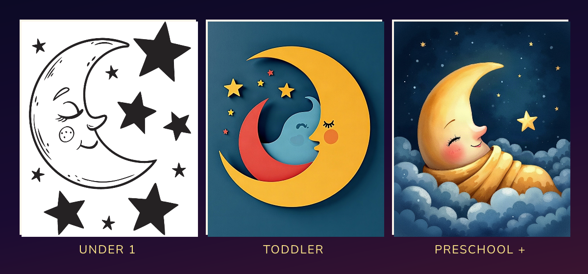 Three illustrations of the same bedtime scene, one per age band — high-contrast black-and-white, bold bright shapes, and soft watercolour.
