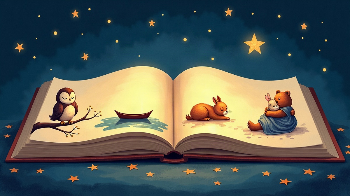 Several pages of a bedtime story fanned open at once, each one glowing with its own small illustration.