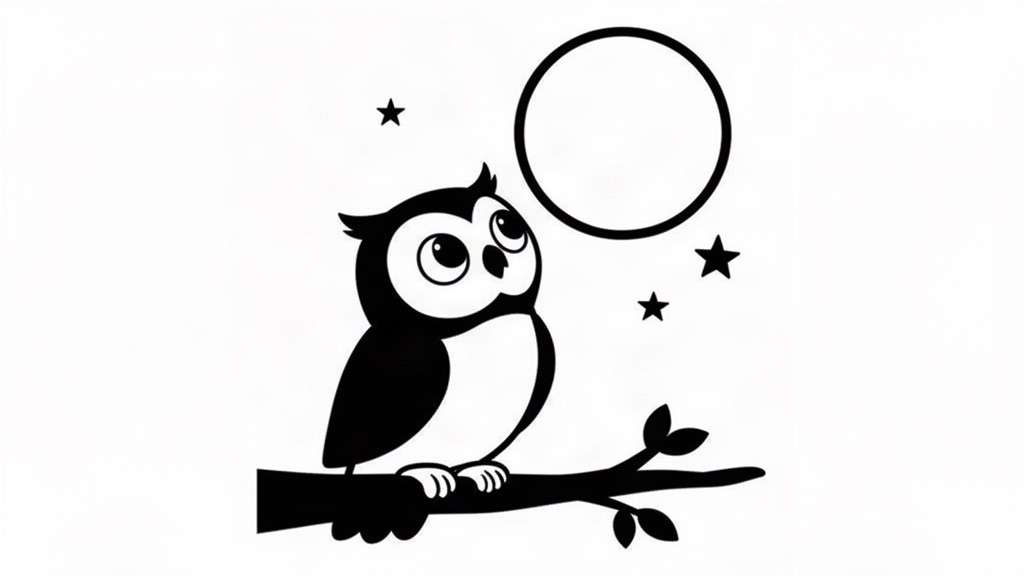 High-contrast black-and-white illustration of a little owl on a branch, looking at the moon