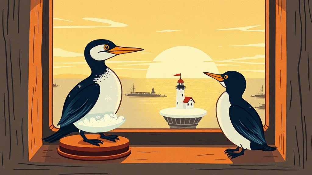 A cormorant and a snow globe face each other on a lighthouse windowsill, one tapping the glass once with an orange beak, the golden afternoon light stretching across a colourful archipelago behind them.