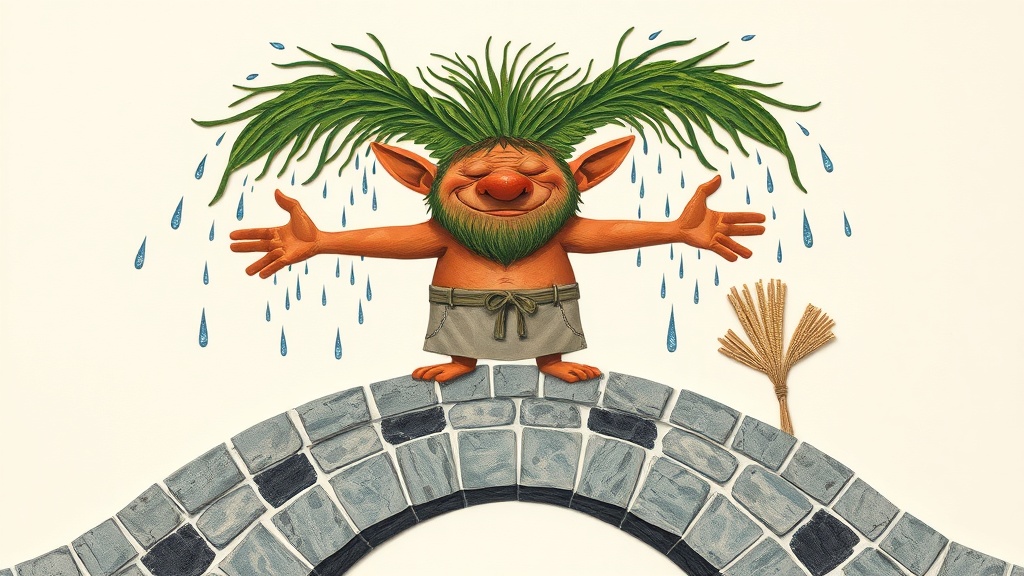 A troll stands on the crown of a stone bridge arch with arms spread wide and eyes squeezed shut, his enormous mossy eyebrow drenched and sagging over his face, water streaming down while fine droplets rise all around him in the grey morning air.