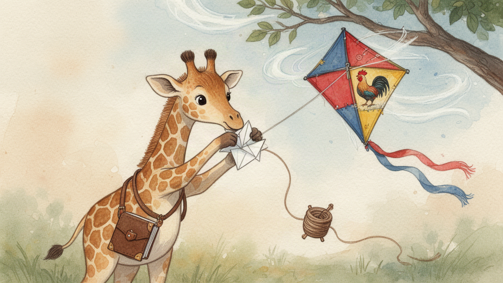 A young giraffe tucks a small folded paper into the patches of a kite as it strains to rise, wind whipping around the branch.