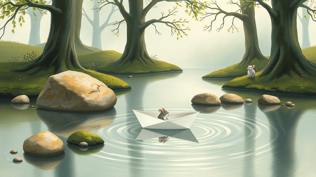 Three rounded mossy stones rise from a wide bend in the stream, the tall beech trees overhead glowing pale blue-silver at every branch tip, their light rippling in soft broken rings on the water's surface around a small paper boat drifting peacefully through the reflections.