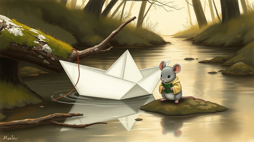 The paper boat is wedged beneath a mossy fallen stick mid-stream, half-submerged in shadow, rocking from side to side as a small grey mouse in a birch-bark coat sits on the muddy bank pretending to read a tiny leaf-book, glowing tree-tips visible far downstream.