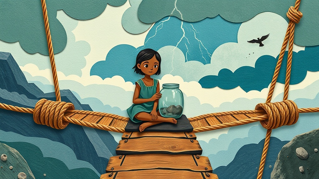 A girl sits cross-legged in the middle of a swaying rope bridge above a vast stormy sky, setting a round glass jar carefully on the wooden planks as lightning flickers far below, her expression calm and attentive.