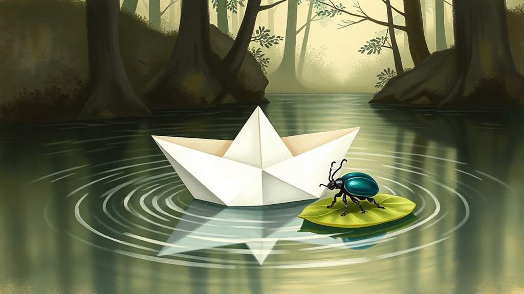 The paper boat spins helplessly in a small circular eddy near the far bank, while a glossy blue-green beetle on a floating leaf watches with antennae raised, the dark forest trees reflected in the spinning water around the boat.