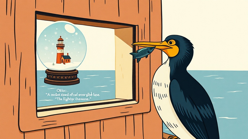 A cormorant perched on a lighthouse railing, looking out to sea with a fish in her beak, while a snow globe is visible on the windowsill above her, both lit by clear midday light.