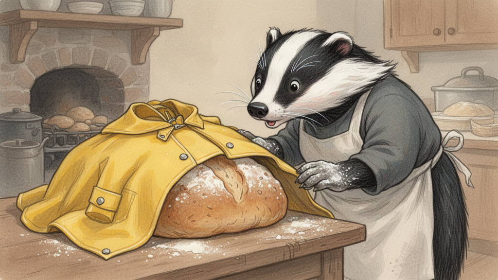 The yellow raincoat lies draped gently over a lumpy rising loaf like a blanket, while the badger baker leans down to check underneath it with a soft, surprised expression.