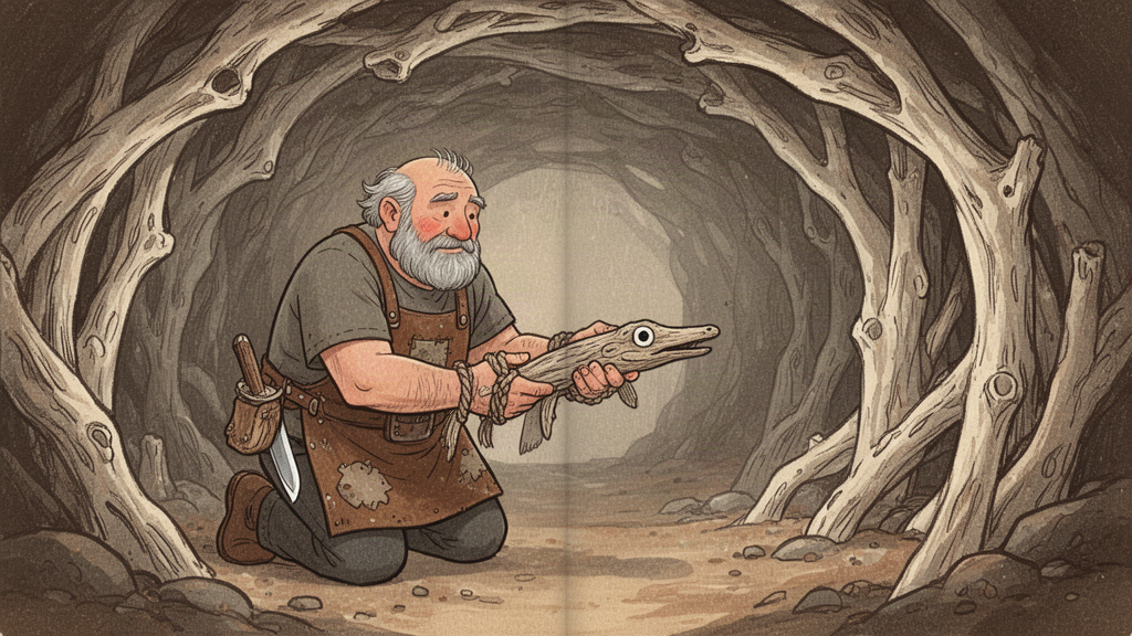 The old man kneels at the mouth of the bone passage holding out a small carved driftwood eel with one rough, unfinished eye.