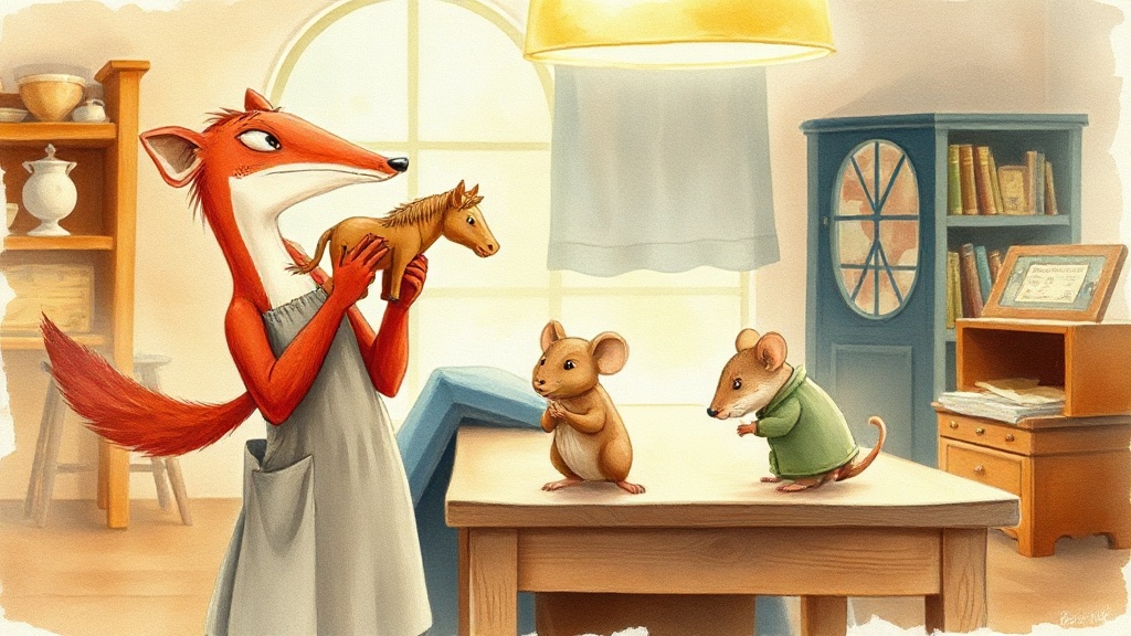 Inside the warm workshop, a red-furred mongoose holds a small wooden horse up to her ear with eyes closed, while a field mouse clasps her hands together nearby; along a long workbench sit a cloth elephant, a stopped spinning top, and an open music box, all in gentle lamplight.