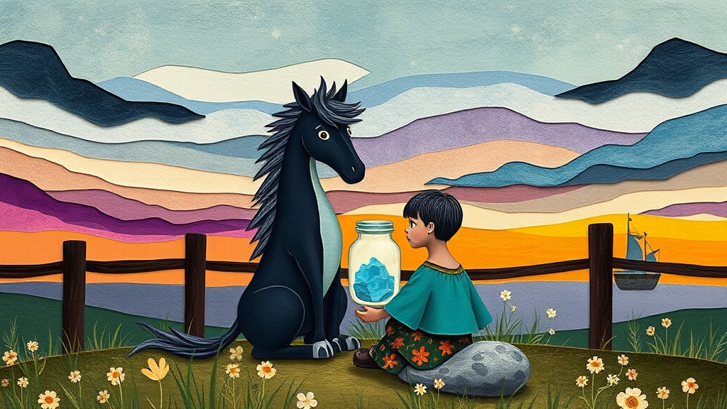 A kelpie and a girl sit side by side against a fence post at the edge of a floating island as the last of a great storm rolls westward, the sky shifting from purple to amber, and a glass jar between them glows with soft light from a piece of sky-coral inside.