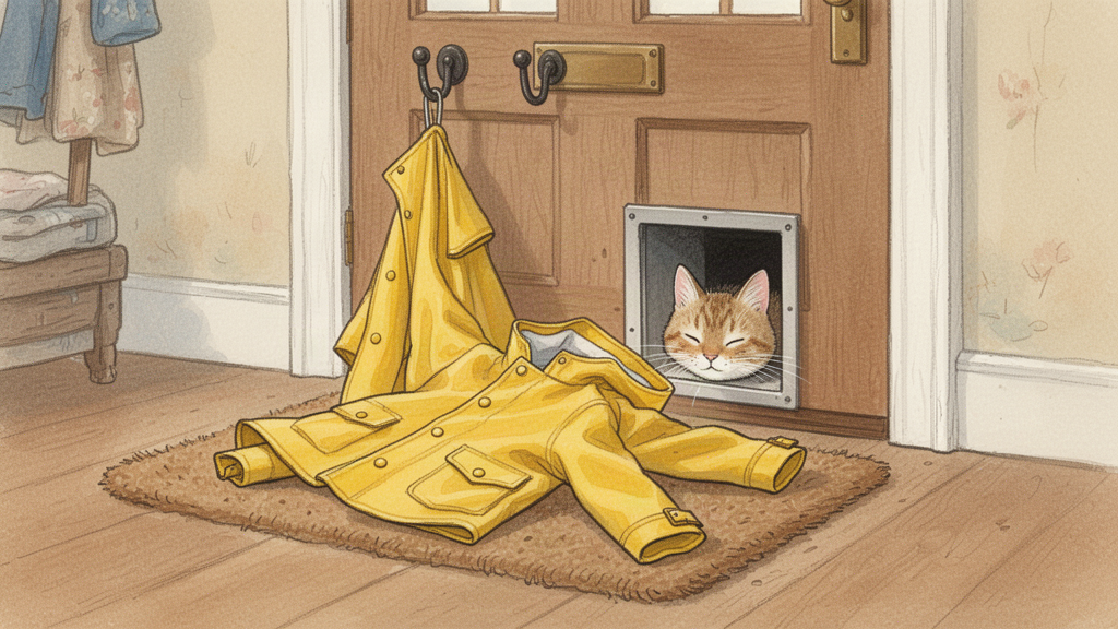 The yellow raincoat slips off its loose hook and lands in a heap on the doormat, sleeves splayed, about to squeeze through a small cat-flap in the door.