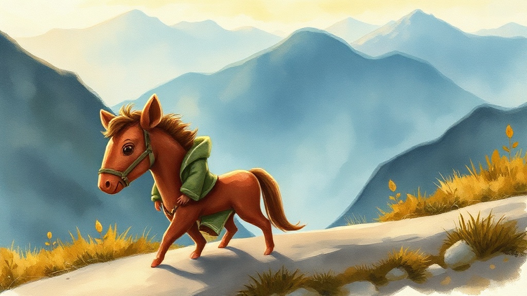 A tiny brown field mouse in a dusty green coat struggling up a mountain path at dusk, carrying a large worn wooden horse painted in faded red and gold, one of its legs missing, her arms shaking with the effort.