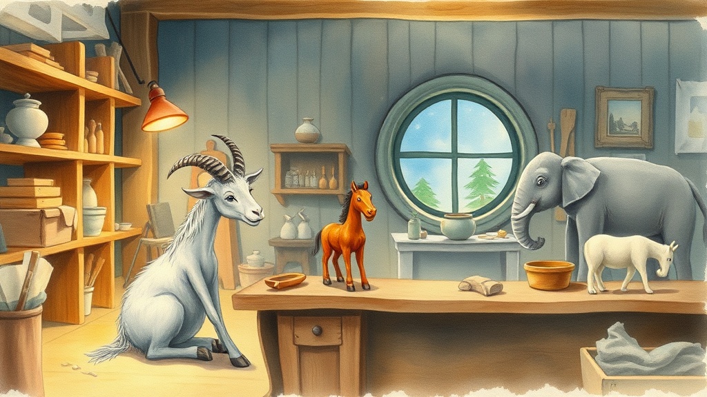 The workshop interior late at night, lamp turned low, a mountain goat sitting quietly near the end of the long bench, the wooden horse standing on three legs in the warm dimness, a cloth elephant facing the round window, the whole room breathing in its sleep.