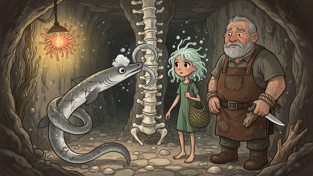 Deep in the narrow bone passage, a small silver-grey eel with a clouded eye curls at the last vertebra, flinching from the glow of an anemone-lamp.