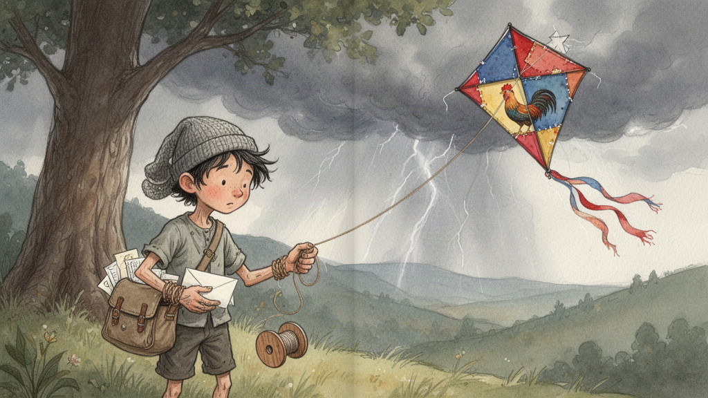 A boy with a spool of string checks a satchel of letters while a patched kite strains upward, storm clouds gathering over distant ridges beyond the great tree.