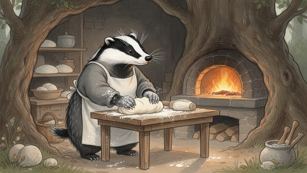 Inside the hollow tree bakery, a broad badger in a floury apron kneads dough at a wooden table beside a glowing round oven, humming to herself.