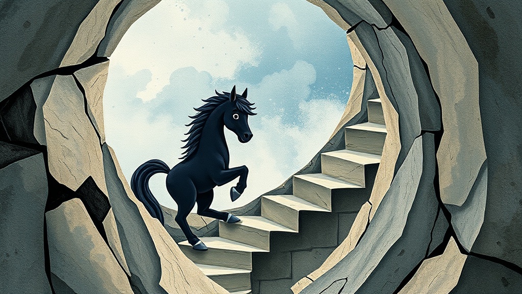 A small dark kelpie climbs a tight spiral staircase carved inside a narrow rock spire, shoulders scraping the curved stone walls, silver hooves clicking on the steps, a storm raging in the open sky visible through a crack in the rock above.