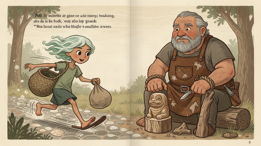 The girl skids into the old man's yard, her collecting sack empty, while he sits with a half-carved wooden seal between his knees.