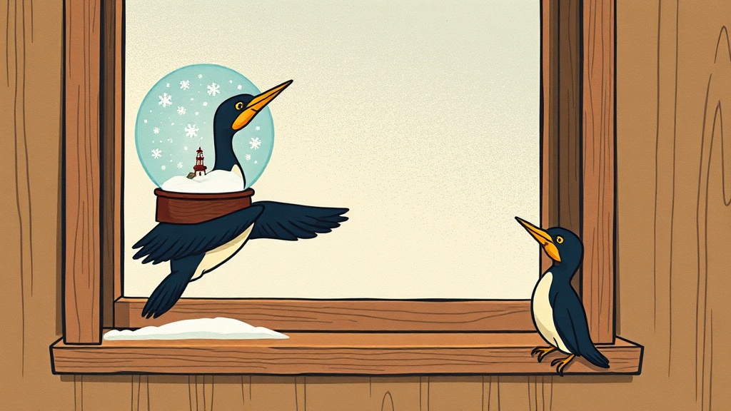 A cormorant tumbling backwards off a high windowsill in startled surprise, wings just beginning to open, while a snow globe sits on the sill above with snow swirling in the wrong direction.