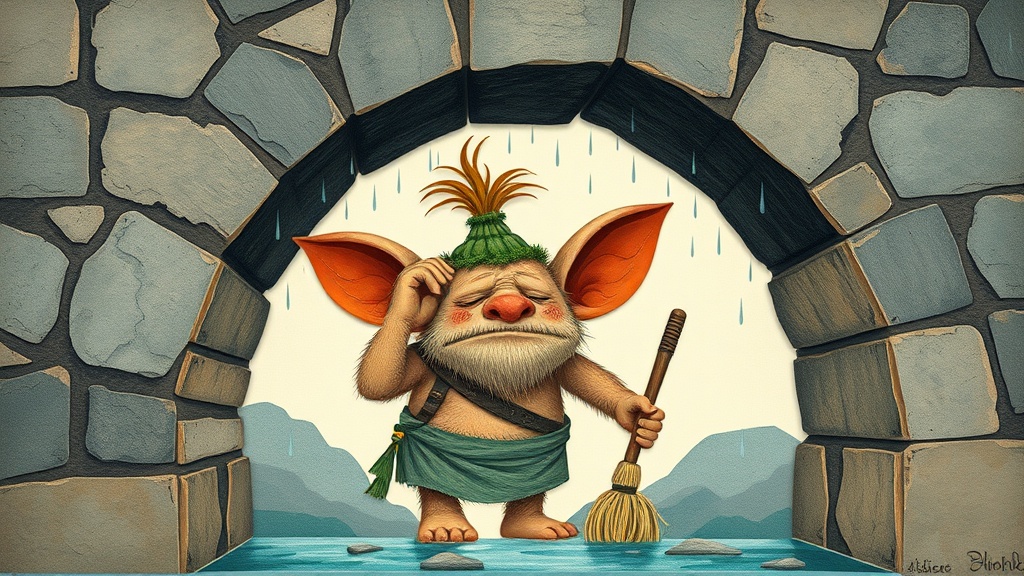 Inside the cool shadow of a stone bridge, a troll presses one wide ear gently against the highest stone of the arch, eyes closed, while above the bridge a Tuesday rain climbs silently into the sky and the world outside trembles with the faintest hum.