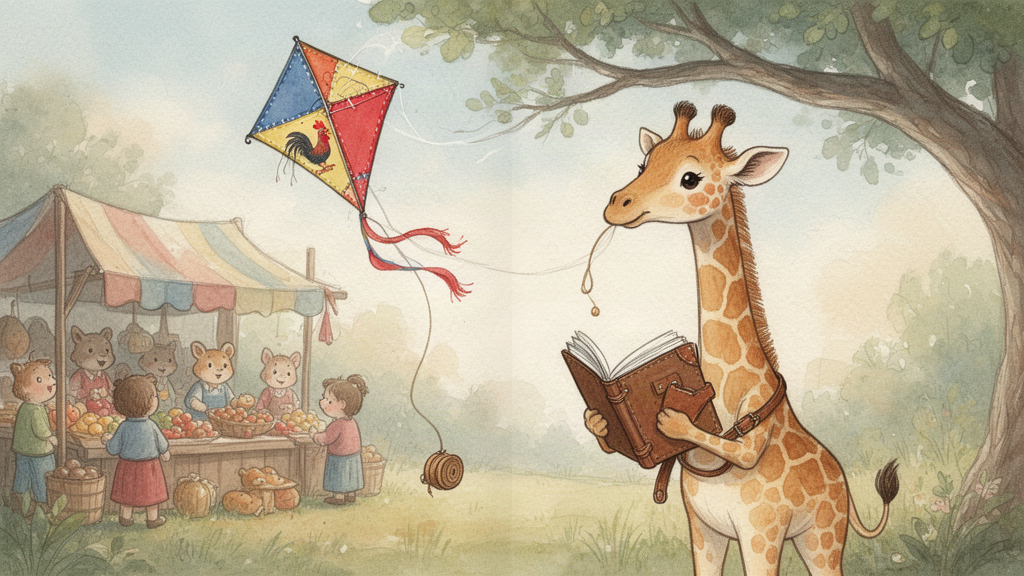 A small patched diamond-shaped kite tilts in the wind near a bustling market stall on a wide tree branch, while a young giraffe holds open a soft-cornered notebook.