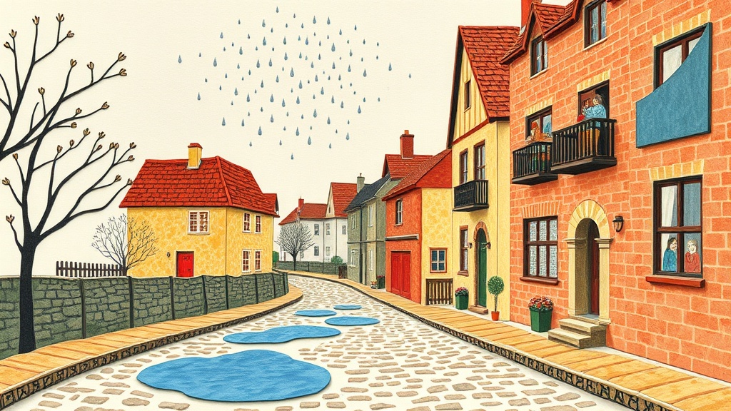 A view of the village of Whistling Fen on a Tuesday morning: puddles on the cobblestones are pulling upward, droplets rising like silver sparks into a pale sky, while villagers press their faces to upstairs windows to listen.