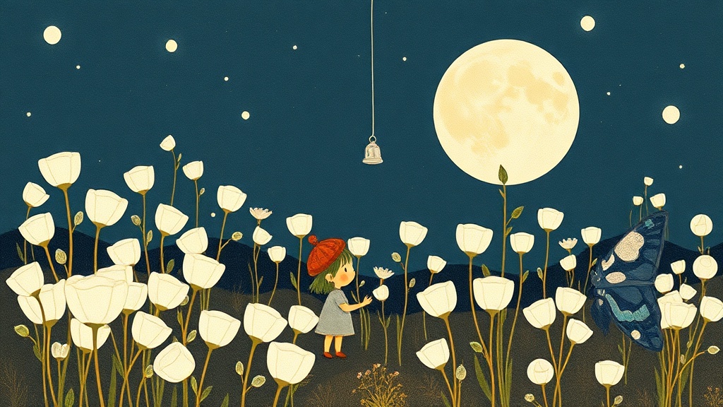 A breathtaking moon-garden in full bloom: rows of white, silver, and pale blue flowers glowing softly like lanterns, with a tiny silver bell hanging on a thread between two tall white blooms at the very centre.
