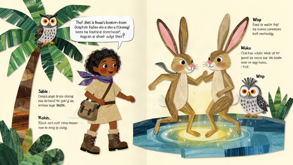 A small owl perches on a palm branch announcing the celebration while a girl and a hare dance by the glowing pool.
