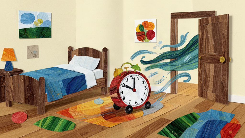 The little clock rolls across a bedroom floor and out an open door as wind sweeps through the room.