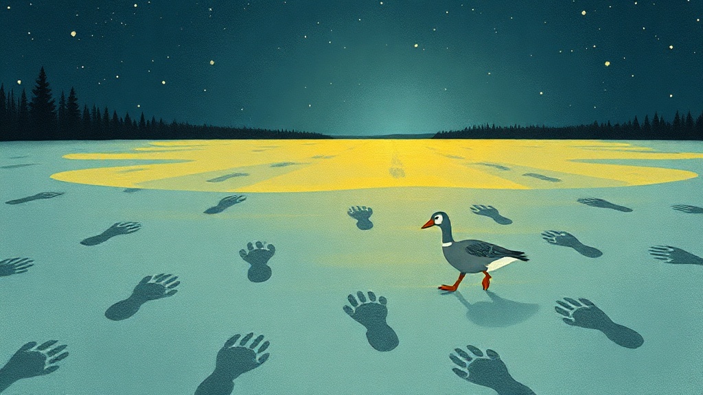 A wide frozen lake glows faintly in the winter dark, illuminated from below with dozens of overlapping footprint trails — paw prints, boot marks, hoof shapes — while a small wooden abacus slides along the ice beside a grey goose, a path of old prints lighting up ahead of them.