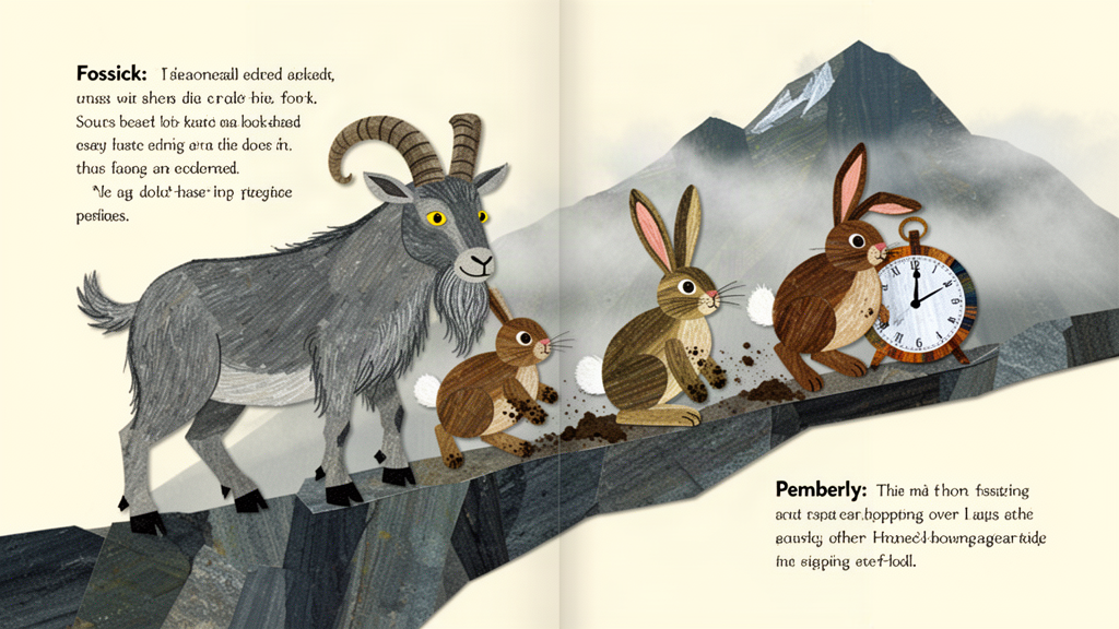 An old grey mountain goat leads the hare and the clock along a narrow rocky ledge near the misty mountaintop.