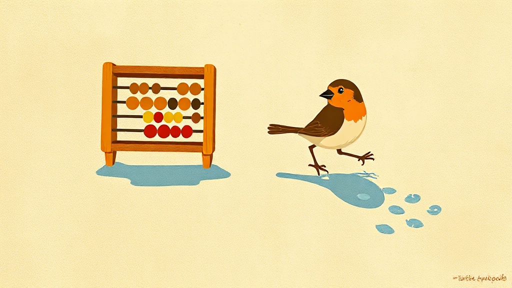 A small brown sparrow with a bent tail feather walks slowly and carefully across the glowing ice, one claw at a time, while the ice beneath her feet flickers with soft light marking the prints of rare birds who walked this way before.