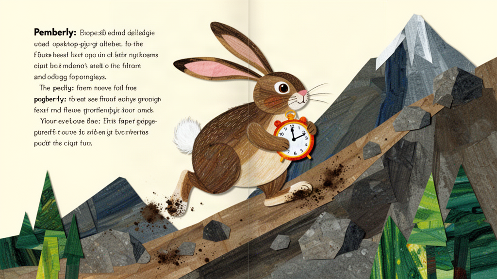 The hare hops up the steep mountain path carrying the little clock tucked under one arm, dodging loose stones.