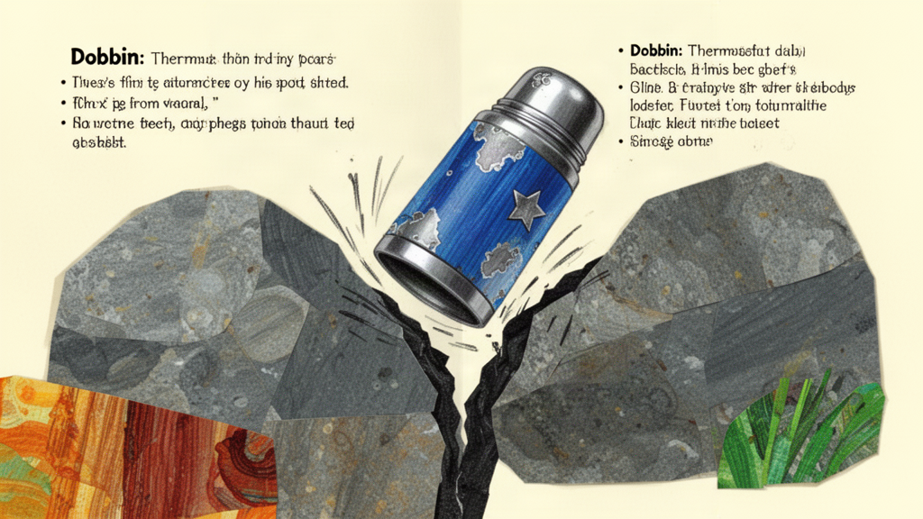A dented thermos rolls off a rock and tumbles down into a dark crack between two stones.