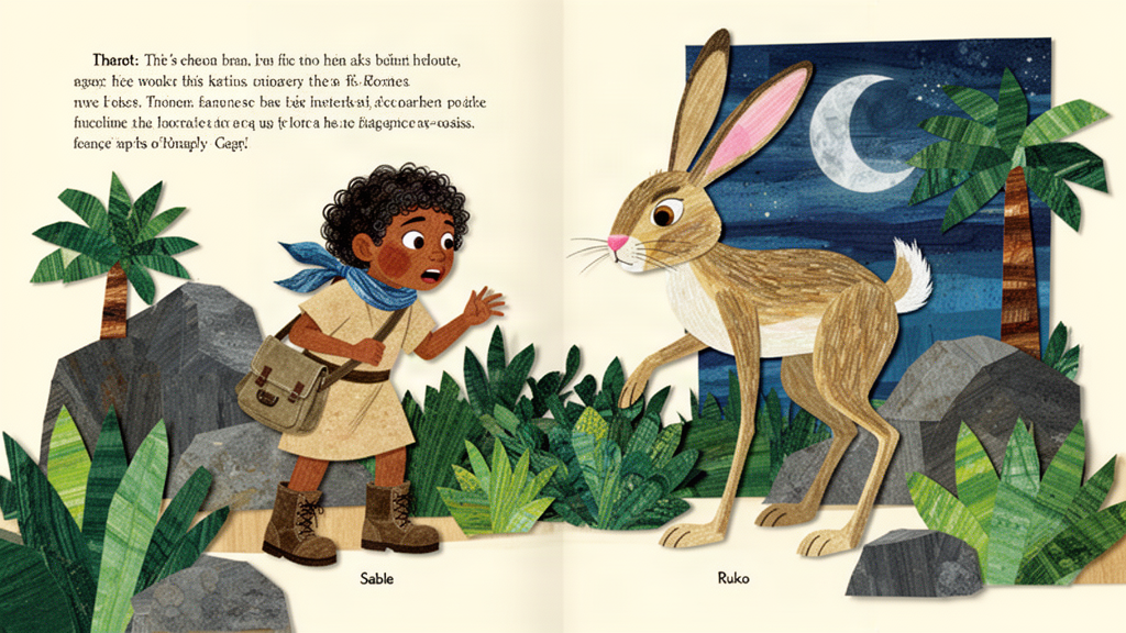 A girl and a long-legged hare search anxiously among bushes and rocks in the moonlit oasis.