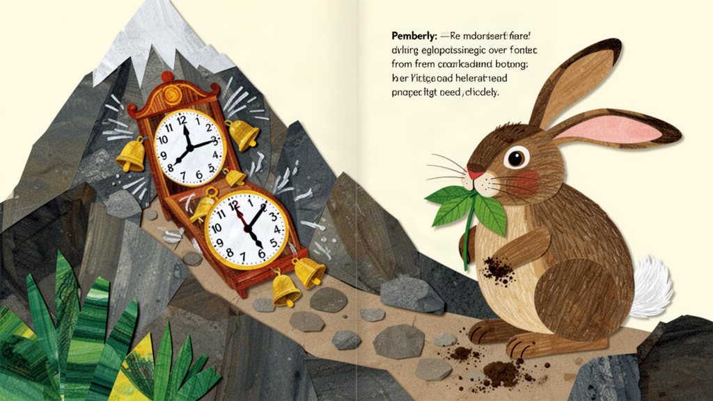 The clock slides backward down the rocky mountain path, bells clanging, while a brown hare watches nearby chewing a leaf.
