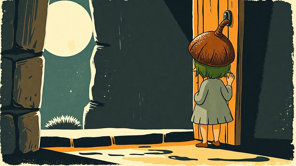 A tiny sprite with a polished acorn-cap hat stands at a back door, peering out at a wide dark stone step bathed in cool moonlight, her small hands pressed against the doorframe.