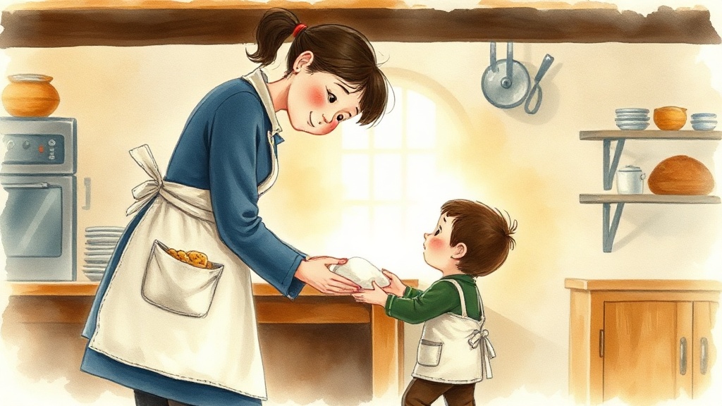A tall baker with flour on her elbow reaches under a wooden counter and sets a single flat white stone gently into a small boy's open hand, warm oven-light filling the cosy bakery behind them.