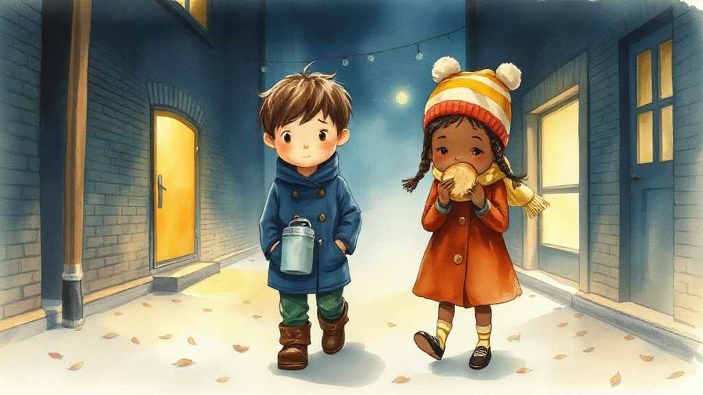 Two children walk side by side down a quiet, leaf-strewn night street, their breath making small clouds in the cold air, the glow of a bakery's yellow door visible at the far end of the lane.