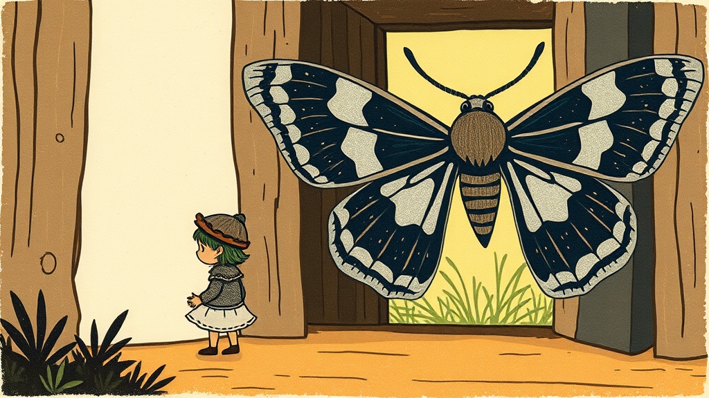 A large dusty moth with night-sky-coloured wings lands gently beside the tiny sprite on the threshold, both of them looking out toward the glowing garden beyond.