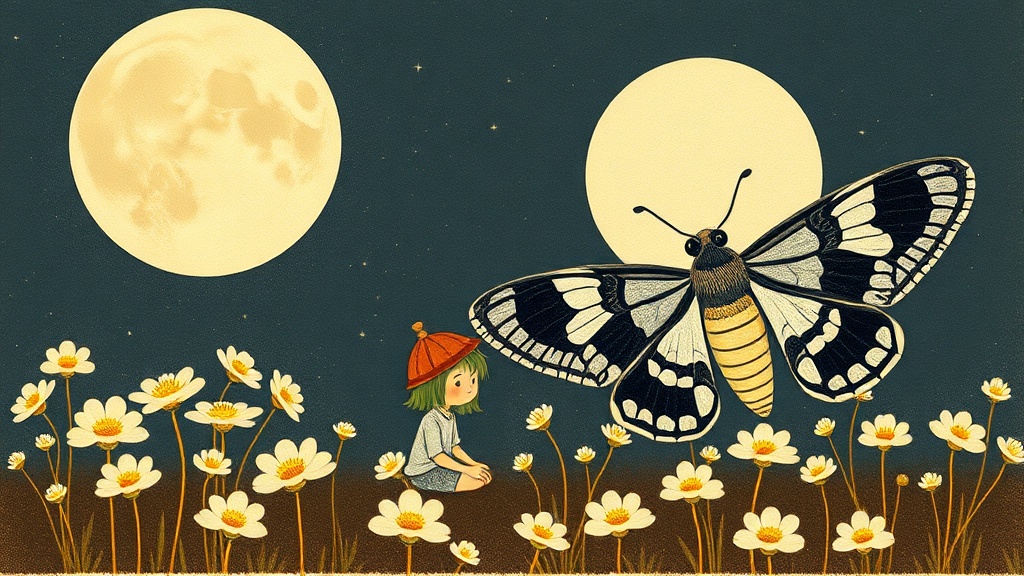 The tiny sprite and the moth sit quietly together among the glowing moon-flowers, a huge round moon overhead, the garden still and peaceful all around them.