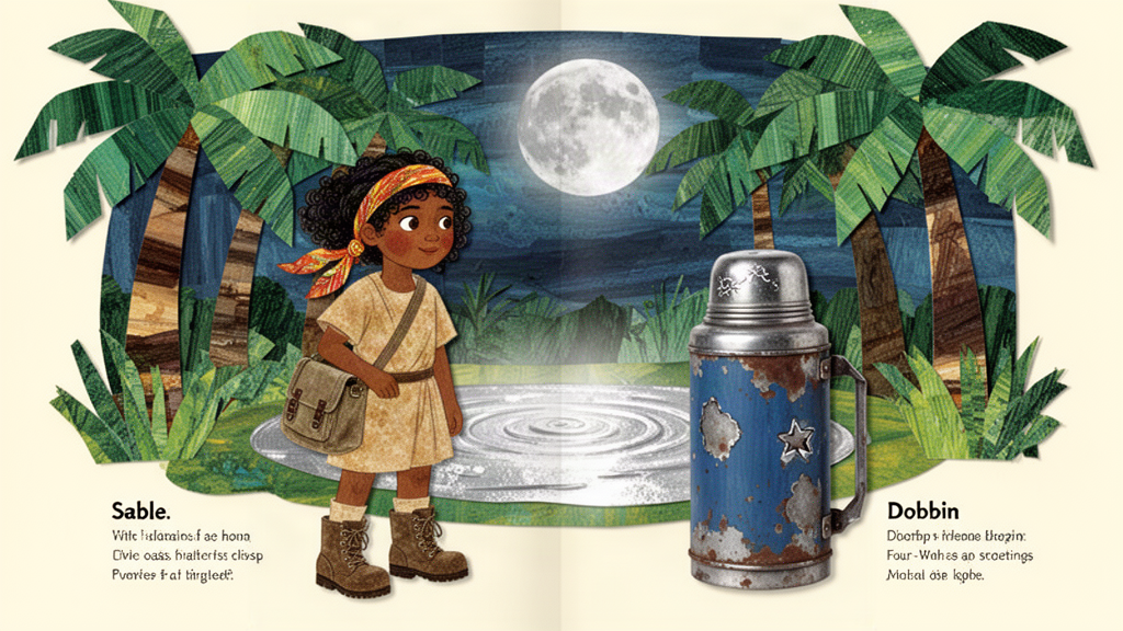 A girl and a battered thermos arrive at a hidden oasis with palm trees and a glowing silver pool under a full moon.