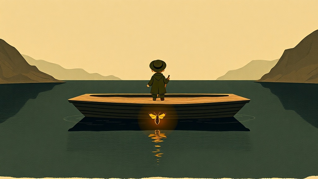 A wide, flat ferry floating on dark glassy water between two misty shores, with a large toad in a green coat and wide hat standing at the back holding a long pole, and a tiny firefly glowing at the very front.
