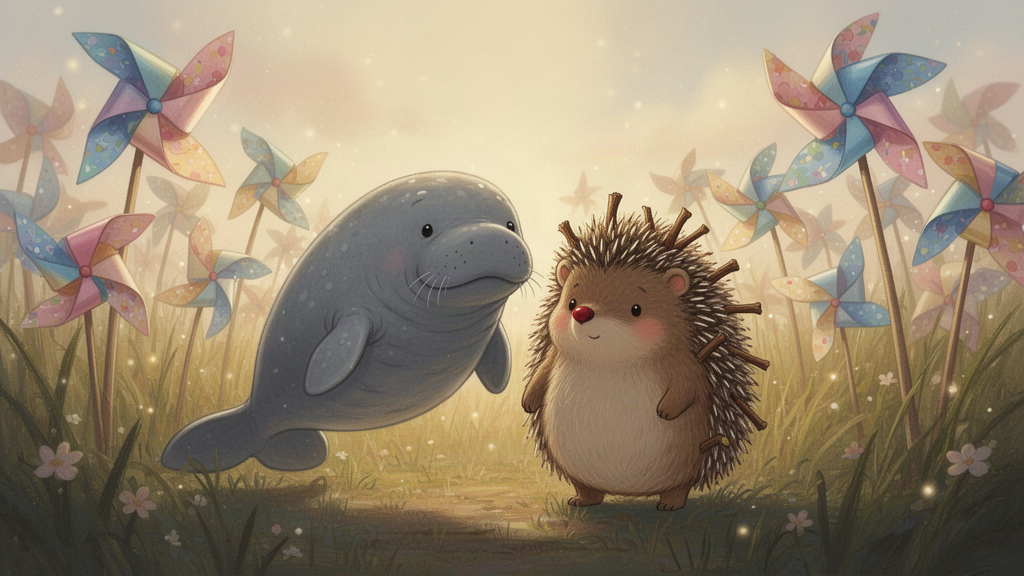 A dugong and a hedgehog standing together at the entrance to a field full of spinning paper pinwheels.