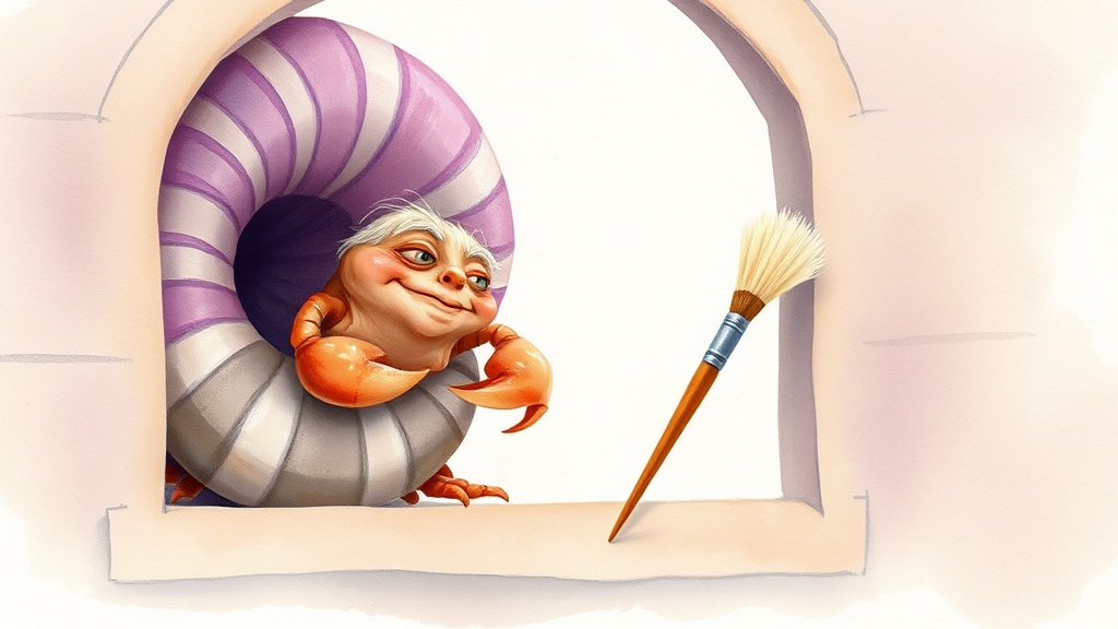 An elderly hermit crab leaning on the sill of a large swirly purple conch propped against the clocktower wall, one claw resting under her chin, looking calmly at a small paintbrush who has just arrived in the doorway.