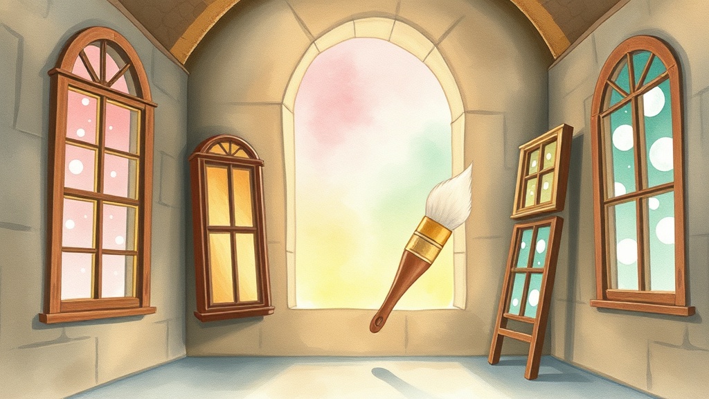 A stone chamber inside the clocktower where old wooden window frames lean against every wall, each one glowing with a different coloured sky — one pink, one green, one full of tiny white moons — a small paintbrush moving slowly from frame to frame.