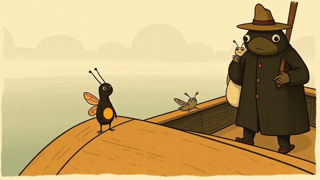 A firefly glowing softly beside a small moth on the smooth wooden nose of the ferry, both looking out ahead at the misty in-between water, the toad visible far behind them at the stern.
