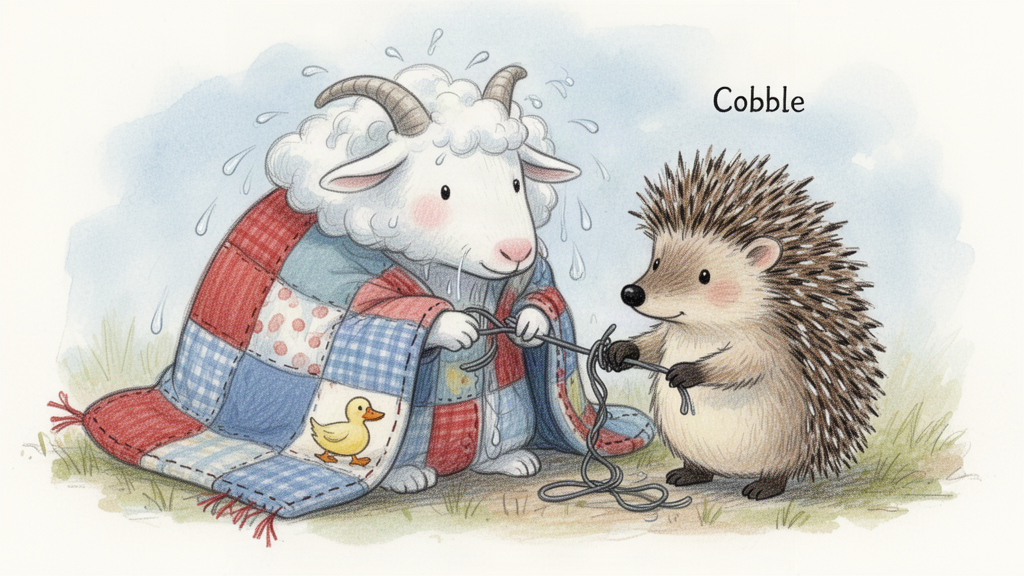 The patchwork quilt wraps snugly around the shivering cloud-goat while the hedgehog carefully works the wire loose with her paws.