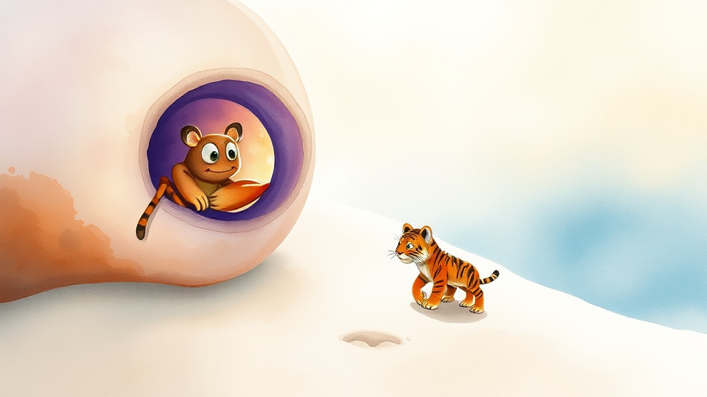 A hermit crab leans out of a swirly purple conch-shell window, speaking to a small tiger cub who has stopped on the sandy path below her, both lit by the warm glow of the evening tide.